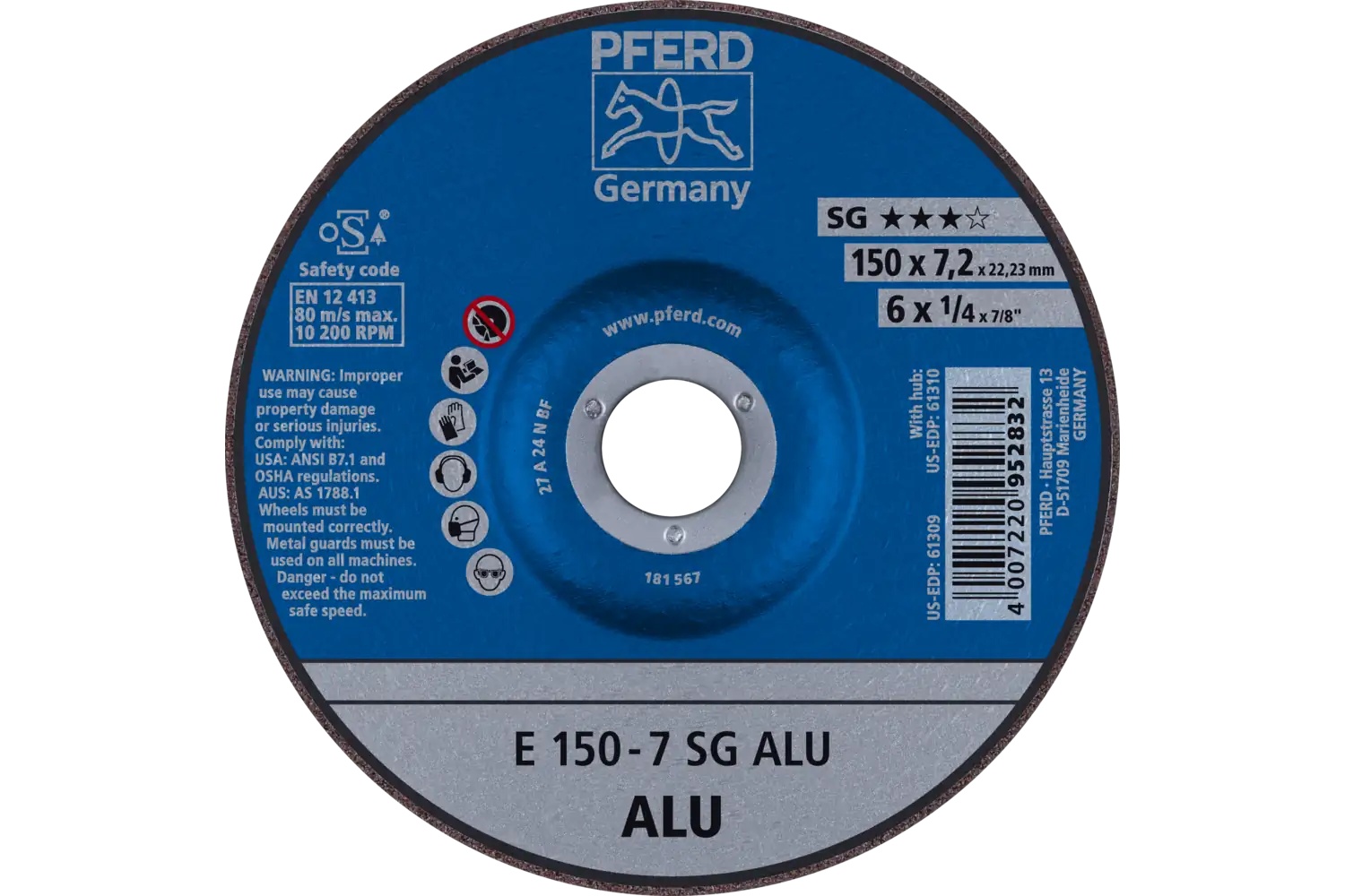 Picture of Pferd Grinding Wheel, 6" X 1/4 X 7/8, Sg Alu, T27, Aluminum Oxide, Silicon Carbide